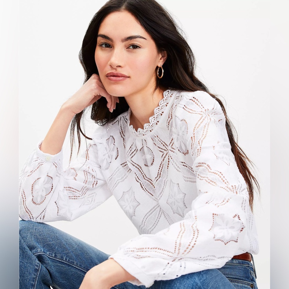 LOFT Mosaic Lace Blouse, White, Medium PETITE, *NWT*